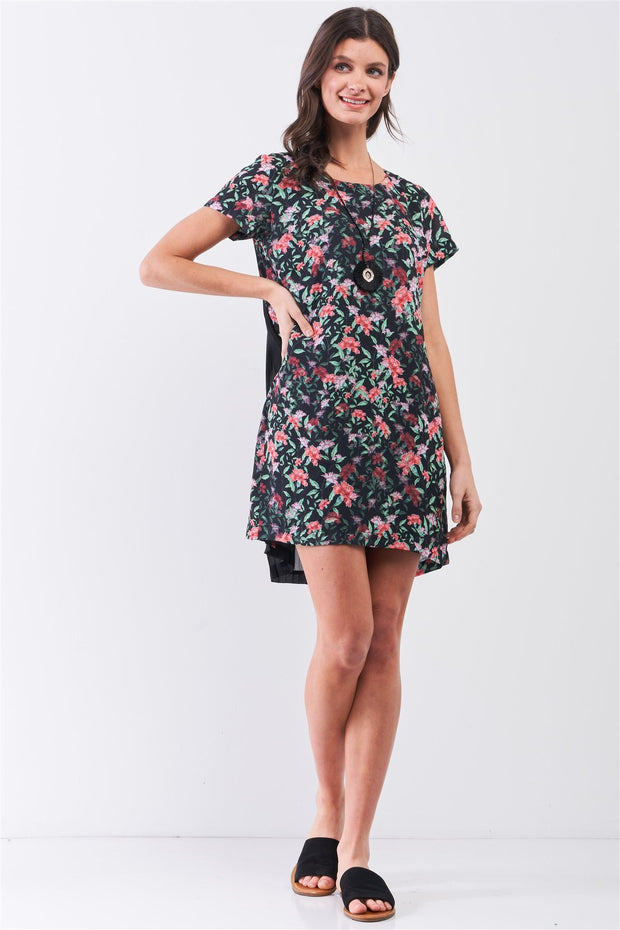 Black Multicolor Floral Print Pleated Back Detail Relaxed Mini Dress - Fashionmj