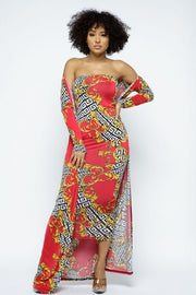 Venechia Print Tube Dress With Cardigan Set - Fashionmj