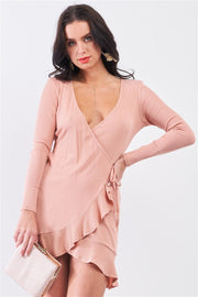 Tan Blush Ribbed Deep Plunge V-neck Asymmetrical Wrap Flare Hem Dress - Fashionmj