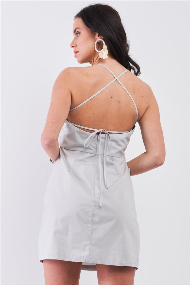 Light Grey Cotton Sleeveless Back Criss Cross Straps Square Neck Side Pockets Apron Mini Dress - Fashionmj