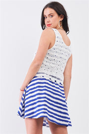 White & Navy Horizontal Striped Round Neck Sleeveless Floral Embroidery Layered Top Mini Dress - Fashionmj