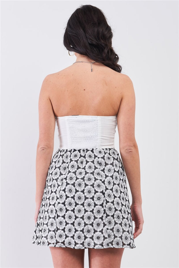 White & Black Floral Crochet Sleeveless Strapless Smock Back Detail Mini Dress - Fashionmj