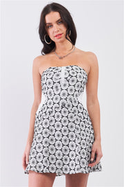 White & Black Floral Crochet Sleeveless Strapless Smock Back Detail Mini Dress - Fashionmj