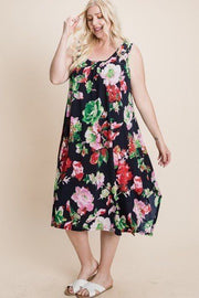 Plus Size Floral Bulgari Printed Tank Midi Dress With Asymmetrical Hem - Fashionmj