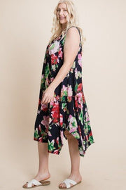 Plus Size Floral Bulgari Printed Tank Midi Dress With Asymmetrical Hem - Fashionmj