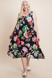 Plus Size Floral Bulgari Printed Tank Midi Dress With Asymmetrical Hem - Fashionmj