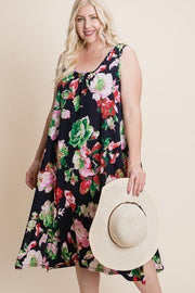 Plus Size Floral Bulgari Printed Tank Midi Dress With Asymmetrical Hem - Fashionmj