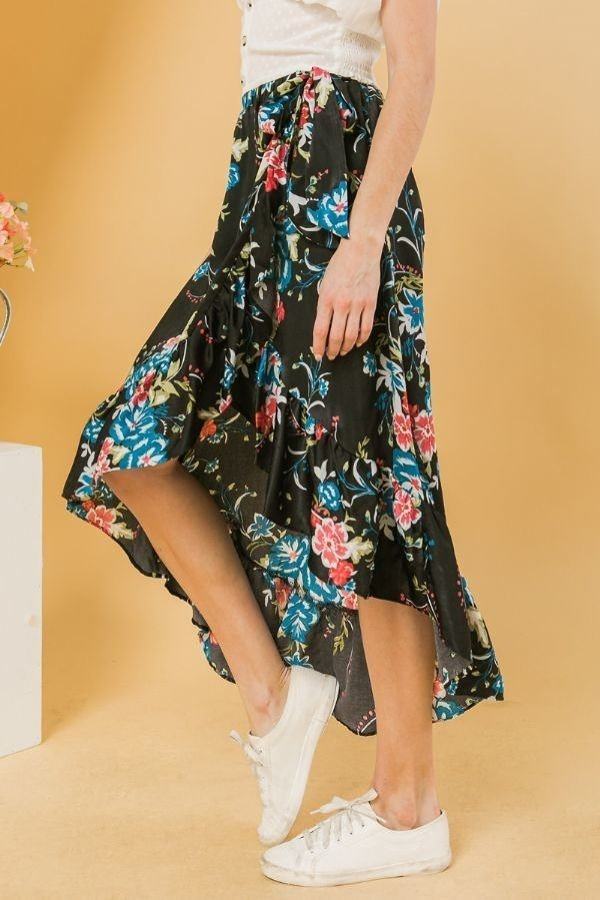 Floral Ruffle Skirt With Trim High Low. - Fashionmj