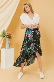 Floral Ruffle Skirt With Trim High Low. - Fashionmj