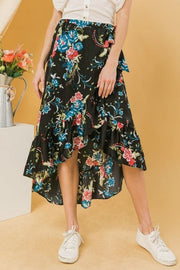 Floral Ruffle Skirt With Trim High Low. - Fashionmj