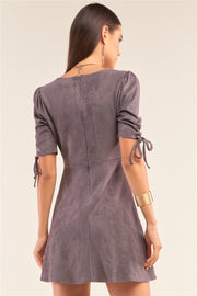 Charcoal Grey Suede Deep Plunge V-neck Gathered Detail Tight Fit Mini Dress - Fashionmj