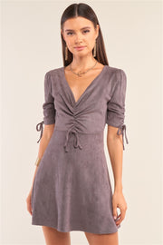 Charcoal Grey Suede Deep Plunge V-neck Gathered Detail Tight Fit Mini Dress - Fashionmj