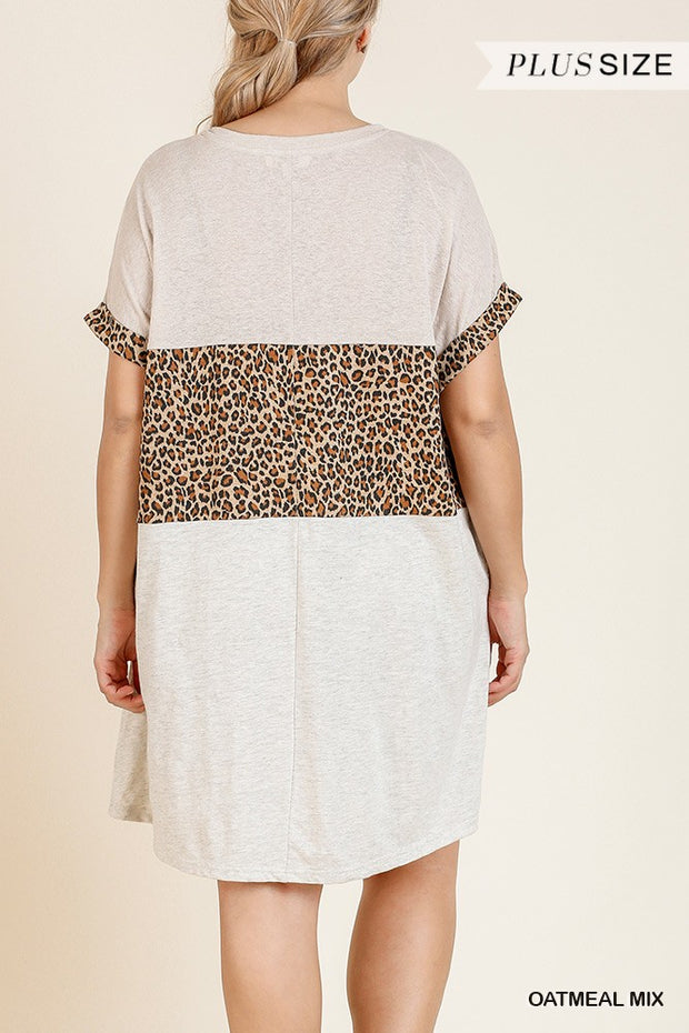 Linen Blend Short Folded Sleeve Animal Print Colorblocked V-neck Dress With Pockets - Fashionmj