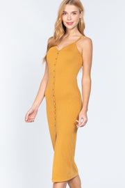 Fron Button Slit Rib Cami Midi Dress - Fashionmj