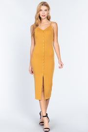 Fron Button Slit Rib Cami Midi Dress - Fashionmj