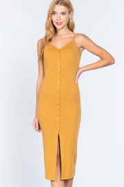 Fron Button Slit Rib Cami Midi Dress - Fashionmj