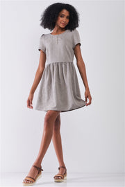 Silver Grey Floral Embroidery Round Neck Short Sleeve Mini Dress - Fashionmj