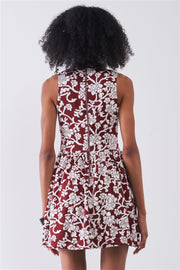 Burgundy & White Floral Crew Neck Sleeveless Fitted Mini Dress - Fashionmj