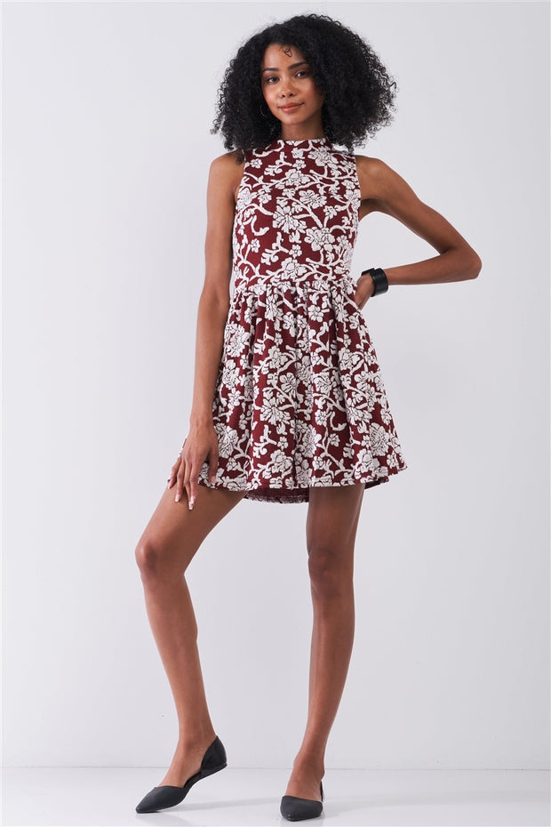 Burgundy & White Floral Crew Neck Sleeveless Fitted Mini Dress - Fashionmj