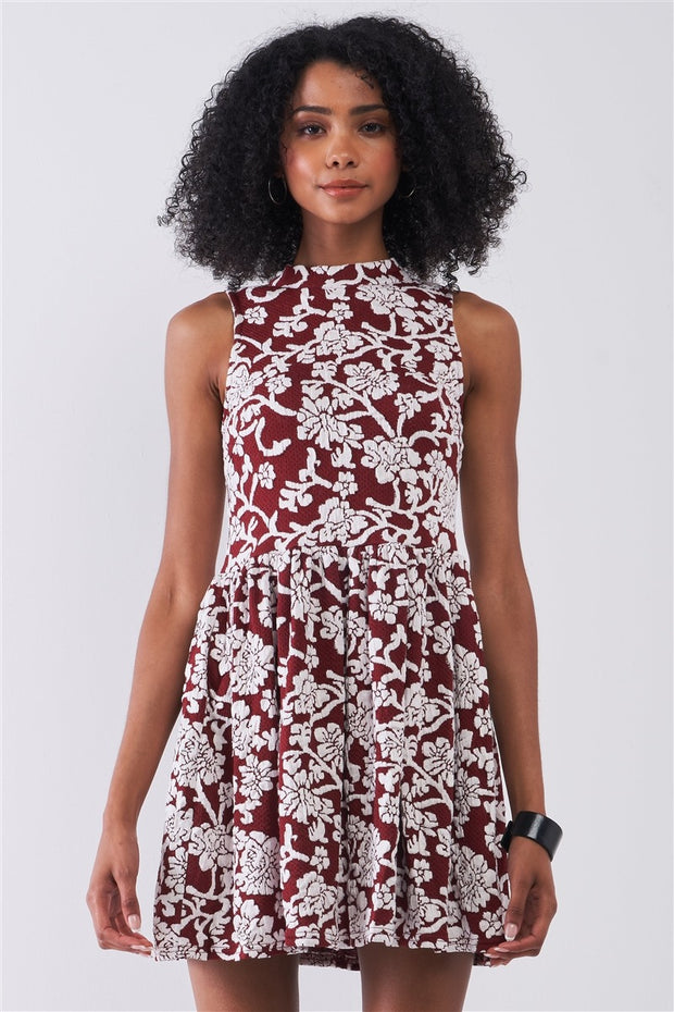 Burgundy & White Floral Crew Neck Sleeveless Fitted Mini Dress - Fashionmj