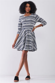 Navy & White Multi Print Round Neck 3/4 Sleeve A-line Mini Dress - Fashionmj