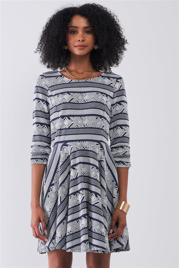 Navy & White Multi Print Round Neck 3/4 Sleeve A-line Mini Dress - Fashionmj