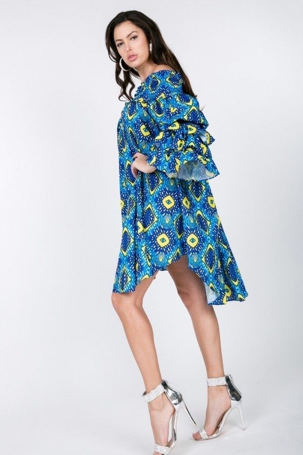 Puffy Ruffle Sleeve Smocking Off Shoulder Print Midi Dress - Fashionmj