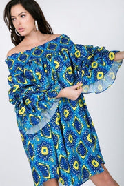 Puffy Ruffle Sleeve Smocking Off Shoulder Print Midi Dress - Fashionmj