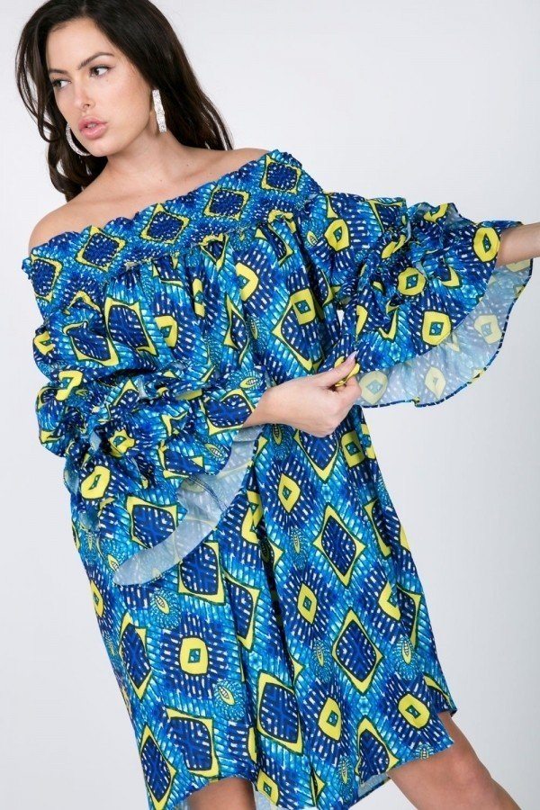 Puffy Ruffle Sleeve Smocking Off Shoulder Print Midi Dress - Fashionmj