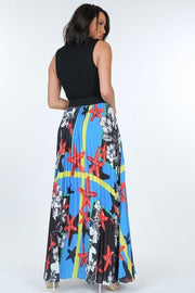 Pleated Print Maxi Skirt With Leather Waist Band - Fashionmj