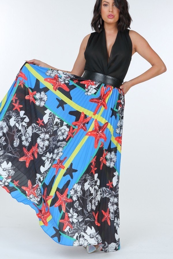 Pleated Print Maxi Skirt With Leather Waist Band - Fashionmj