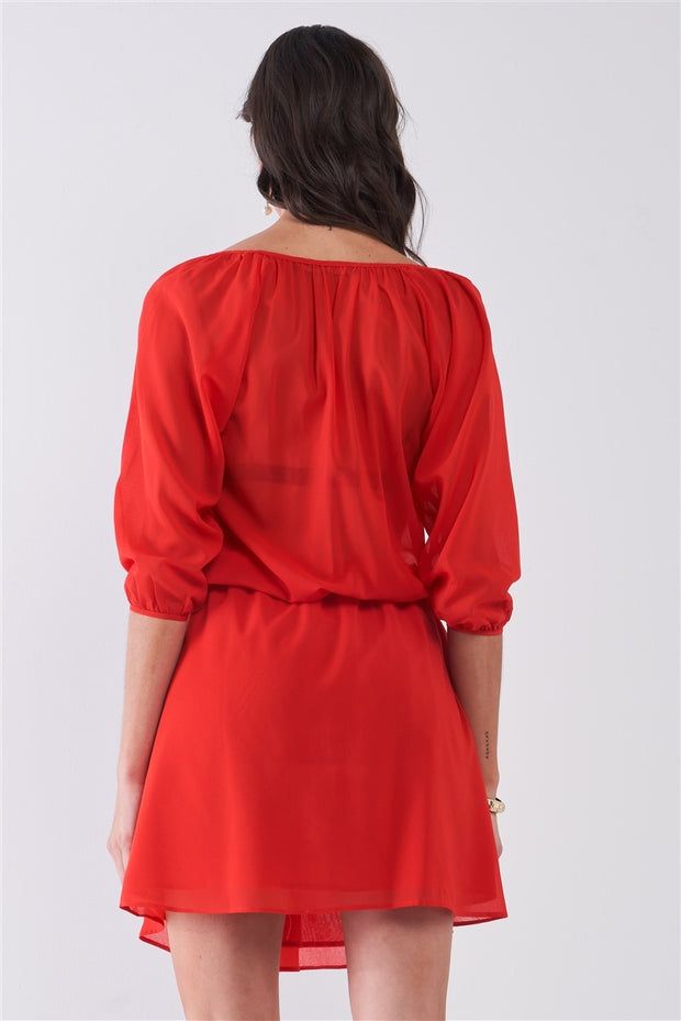 Flame Red Boat Neck Ruffle Collar Midi Sleeve Self-tie Waist Front Button Down Mini Dress - Fashionmj