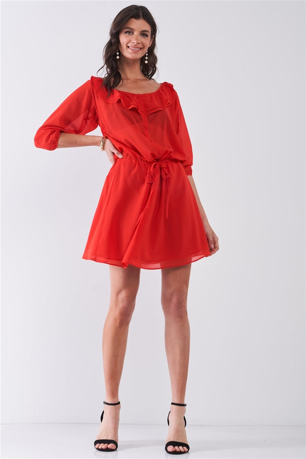 Flame Red Boat Neck Ruffle Collar Midi Sleeve Self-tie Waist Front Button Down Mini Dress - Fashionmj