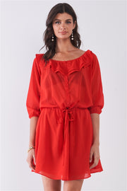 Flame Red Boat Neck Ruffle Collar Midi Sleeve Self-tie Waist Front Button Down Mini Dress - Fashionmj