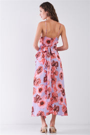 Floral Print Sleeveless Self-tie Wide Wrap Front Ruffle Hem Side Slit Detail Midi Dress - Fashionmj