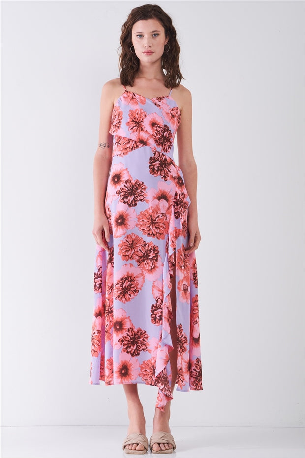 Floral Print Sleeveless Self-tie Wide Wrap Front Ruffle Hem Side Slit Detail Midi Dress - Fashionmj