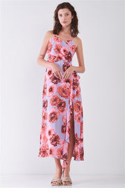 Floral Print Sleeveless Self-tie Wide Wrap Front Ruffle Hem Side Slit Detail Midi Dress - Fashionmj