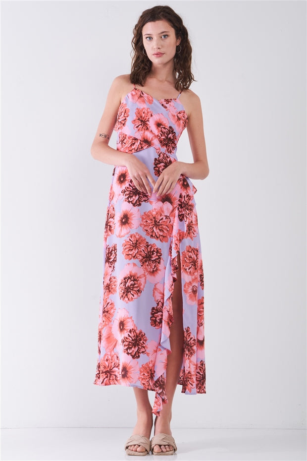 Floral Print Sleeveless Self-tie Wide Wrap Front Ruffle Hem Side Slit Detail Midi Dress - Fashionmj