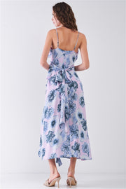 Floral Print Sleeveless Self-tie Wide Wrap Front Ruffle Hem Side Slit Detail Midi Dress - Fashionmj