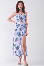 Floral Print Sleeveless Self-tie Wide Wrap Front Ruffle Hem Side Slit Detail Midi Dress - Fashionmj