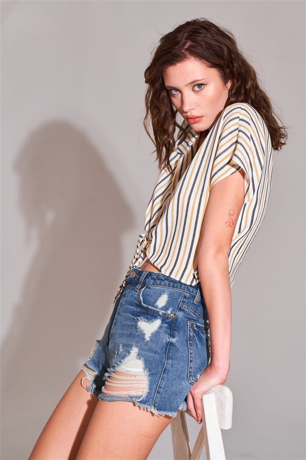 Ripped High-waist Front Zip-up Raw Hem Detail Distressed Mini Shorts - Fashionmj