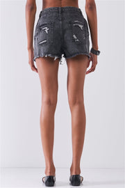 Ripped High-waist Front Zip-up Raw Hem Detail Distressed Mini Shorts - Fashionmj