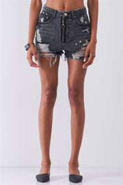 Ripped High-waist Front Zip-up Raw Hem Detail Distressed Mini Shorts - Fashionmj