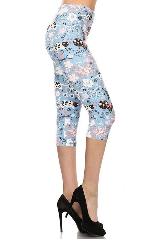 Cats And Flowers Printed, High Waisted Capri Leggings - Fashionmj