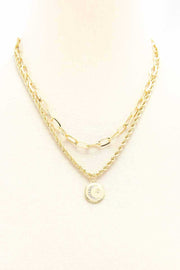 2 Layered Metal Chain Round Pendant Necklace - Fashionmj