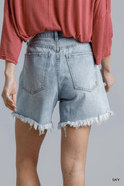 High Rise Denim Shorts With Raw Hem - Fashionmj