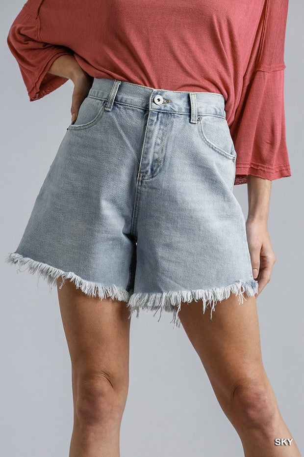 High Rise Denim Shorts With Raw Hem - Fashionmj