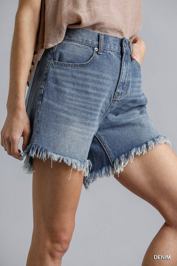 High Rise Denim Shorts With Raw Hem - Fashionmj