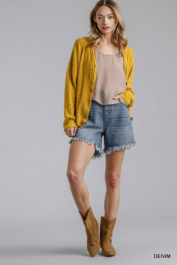 High Rise Denim Shorts With Raw Hem - Fashionmj