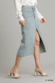 Asymmetrical Waist And Button Up Front Split Denim Skirt With Back Pockets And Unfinished Hem - Fashionmj